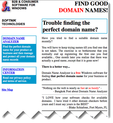 Softnik Technologies website circa 2000, showing the Bangkok Post quote and early user feedback for Domain Name Analyzer