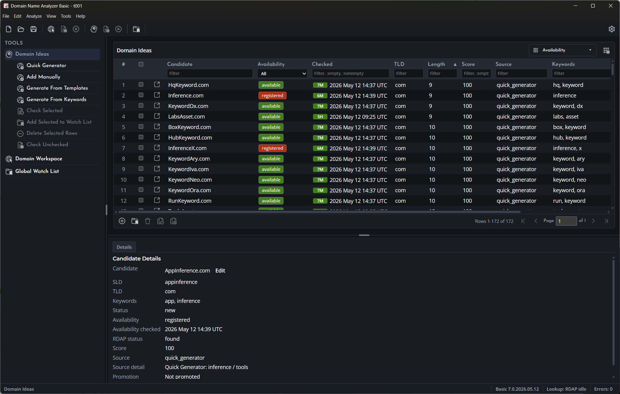Screenshot of Domain Name Analyzer Basic Domain Ideas
