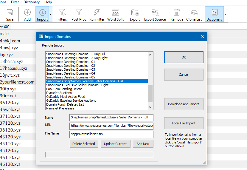 Import Domains from Domain Drop Lists for Filtering