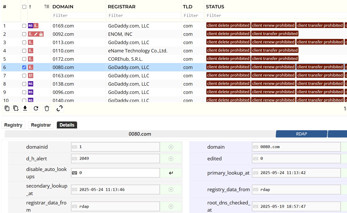 Domain Registrar and Status Columns