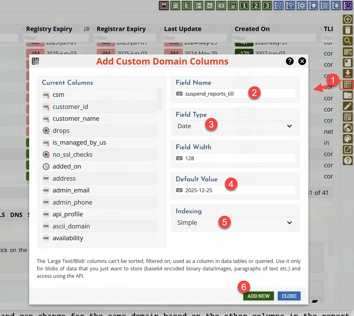 Custom Data Columns in Watch My Domains Server