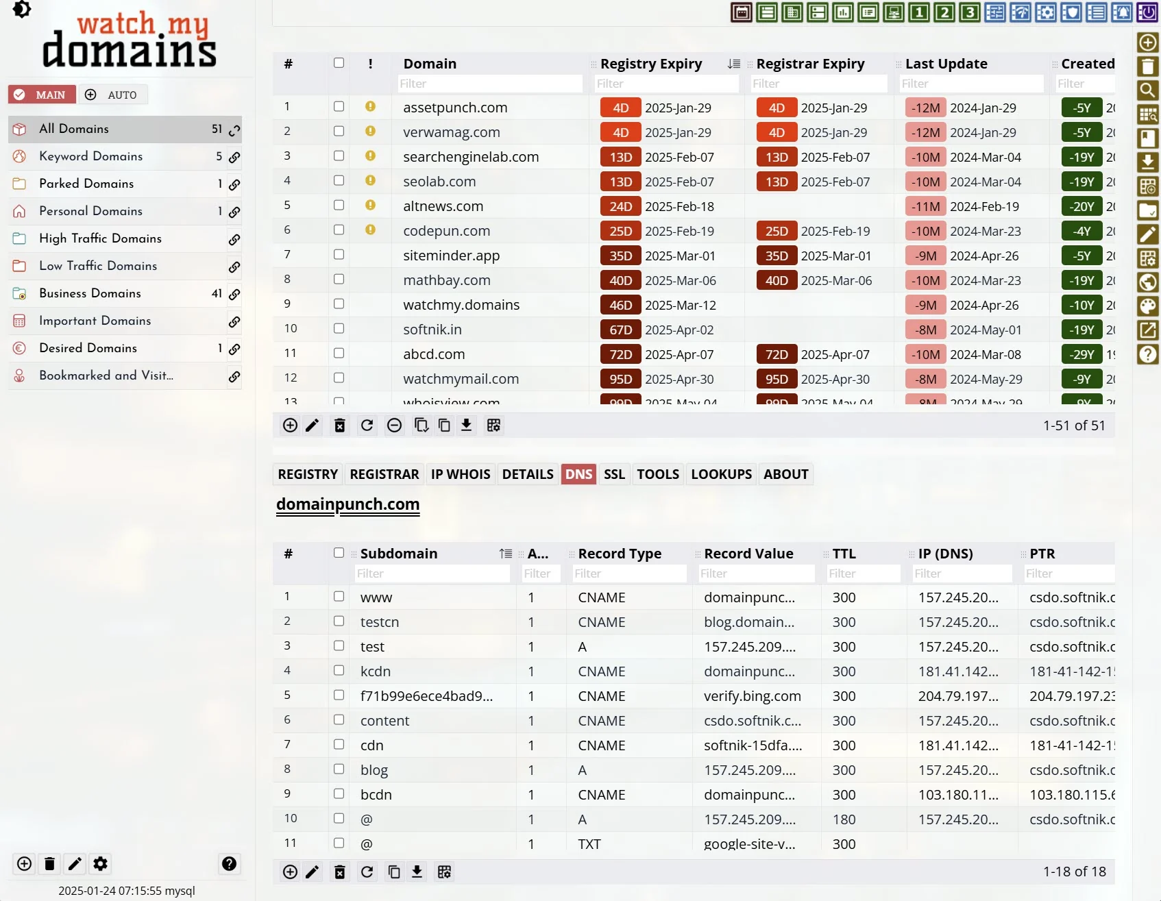 Domain Table Interface in Watch My Domains SED
