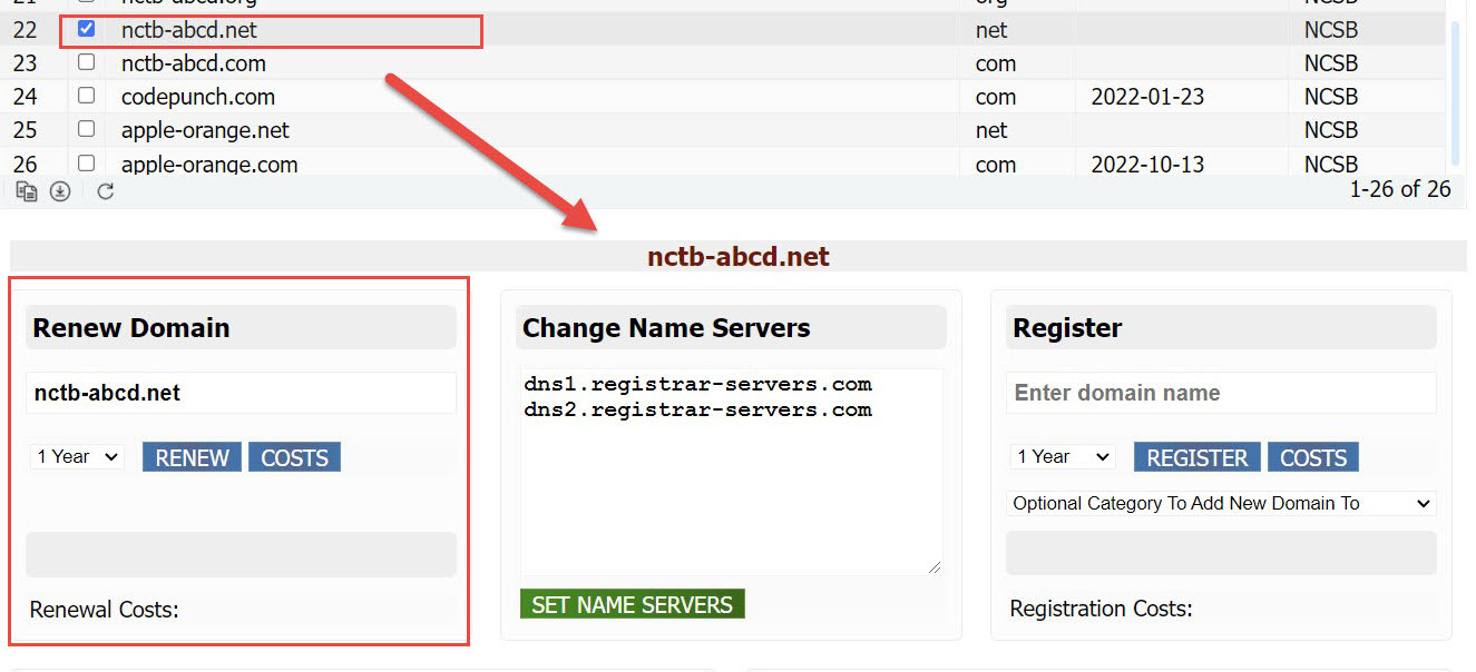 Alter name servers, renew, register domains from within Watch My Domains