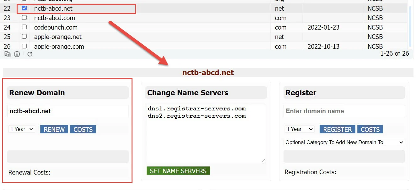 Alter name servers, renew, register domains from within Watch My Domains